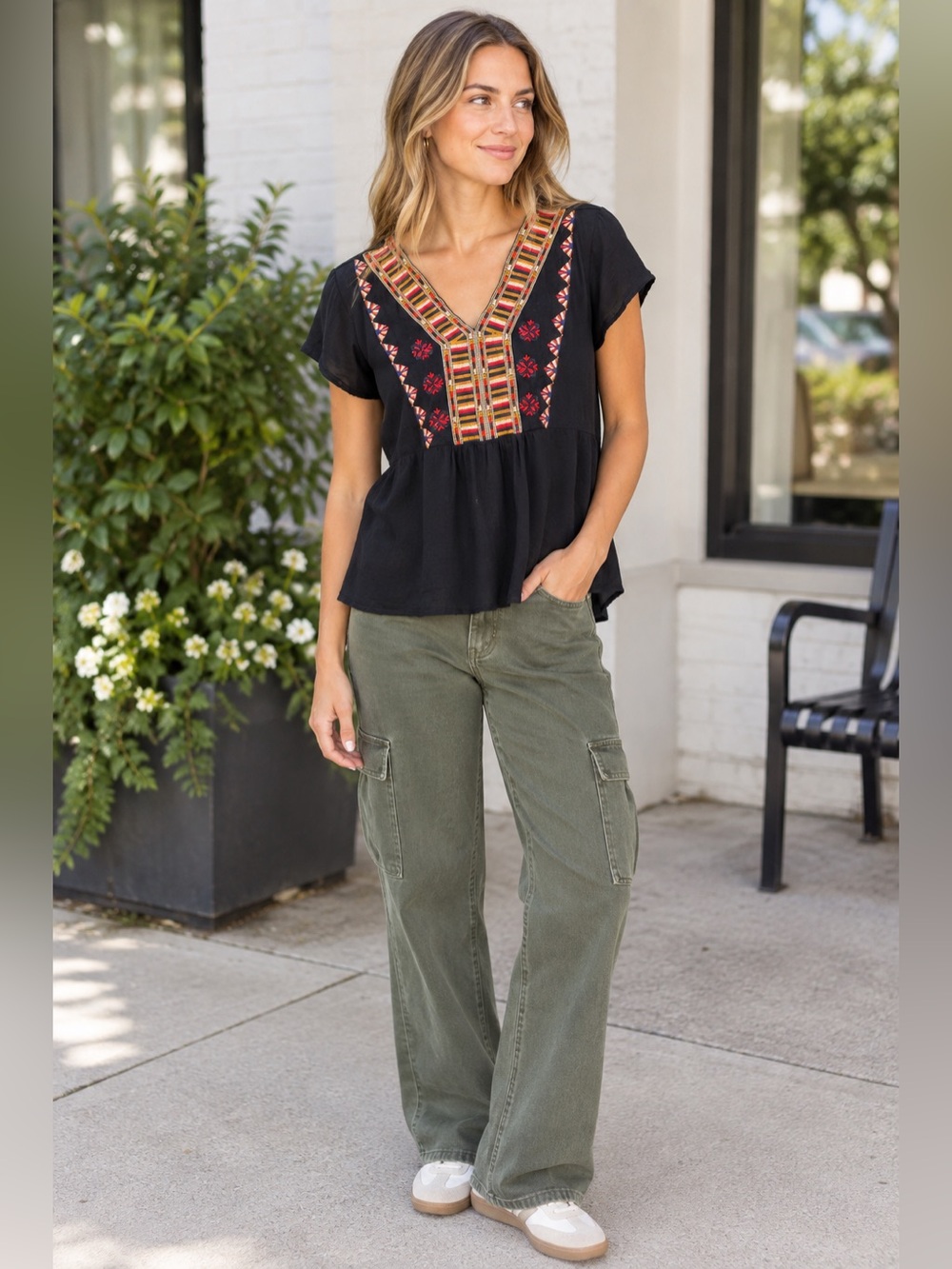THML Black V-Neck Blouse with Red & Multicolor Geometric Embroidery